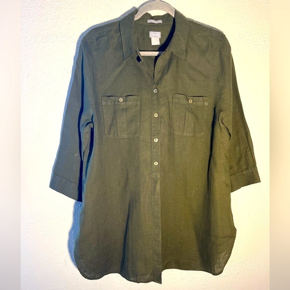 Chico's Other - Chicos Size 2 No Iron Button Up Size 14 US XL Green Long Sleeve Linen Shirt